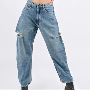 Urbanic side slit loose barrel jeans